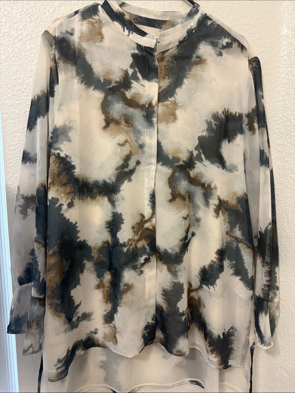 NWOT Sheer Button Front Blouse in Cream, gray & Brown